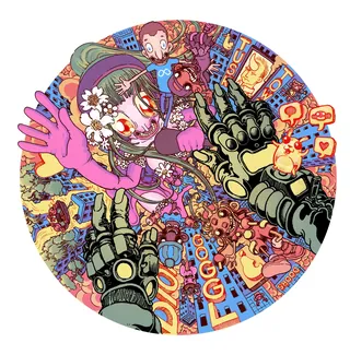 Vibrant metaverse scene with robotic hands and digital characters by Carles Garcia O'Dowd
