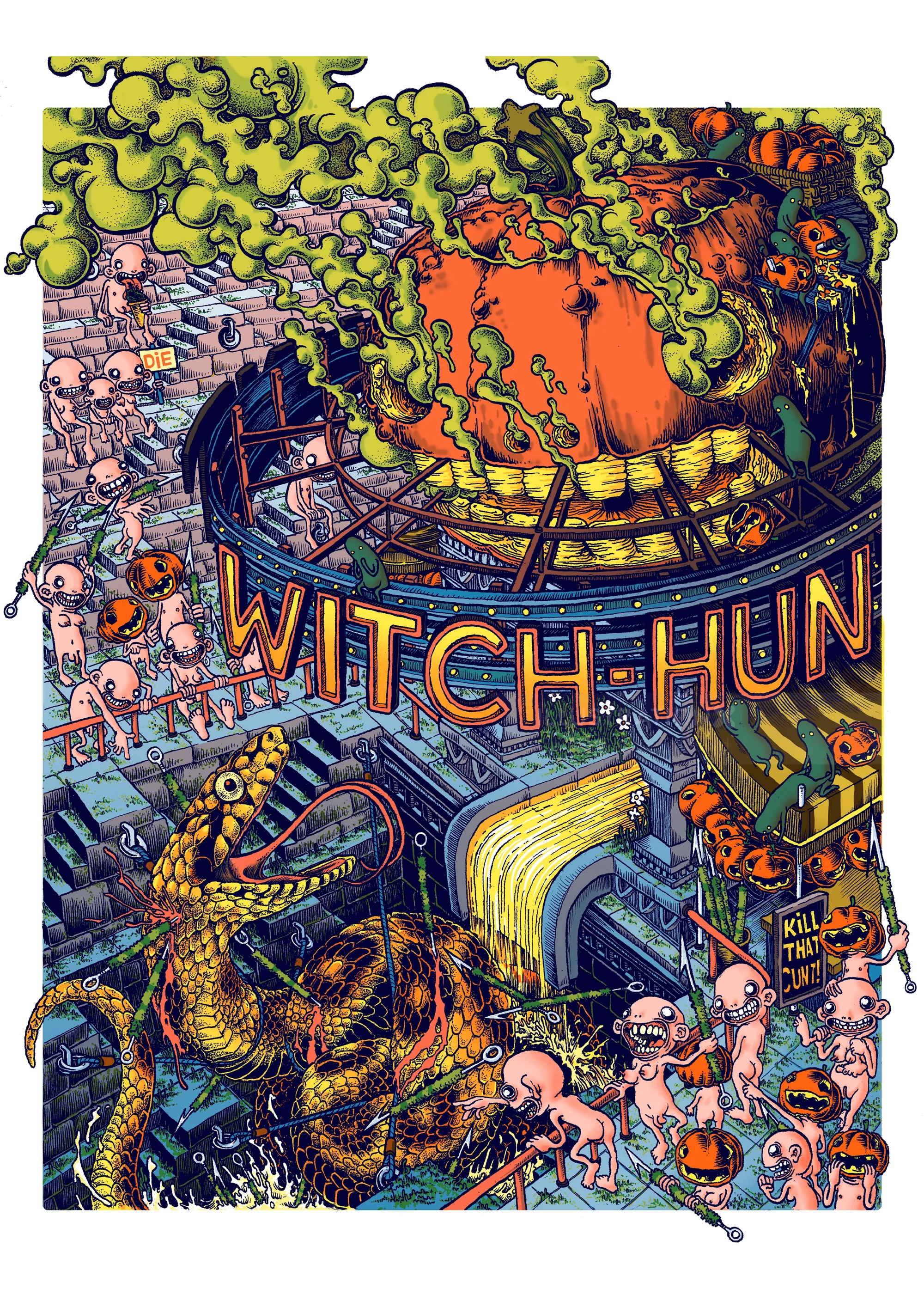 Surreal witch hunt scene with vivid characters and chaotic elements by Carles Garcia O'Dowd