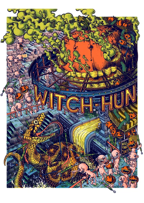 Surreal witch hunt scene with vivid characters and chaotic elements by Carles Garcia O'Dowd