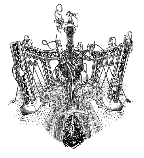 Intricate mechanical structure drawing with gears and pipes by Carles Garcia O'Dowd