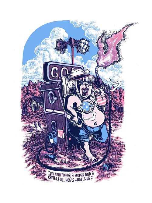Illustration of a character with speakers and flag by Carles Garcia O'Dowd