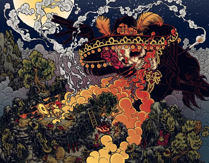 Skeleton with colorful sombrero floating over a forest, artwork by Carles Garcia O'Dowd