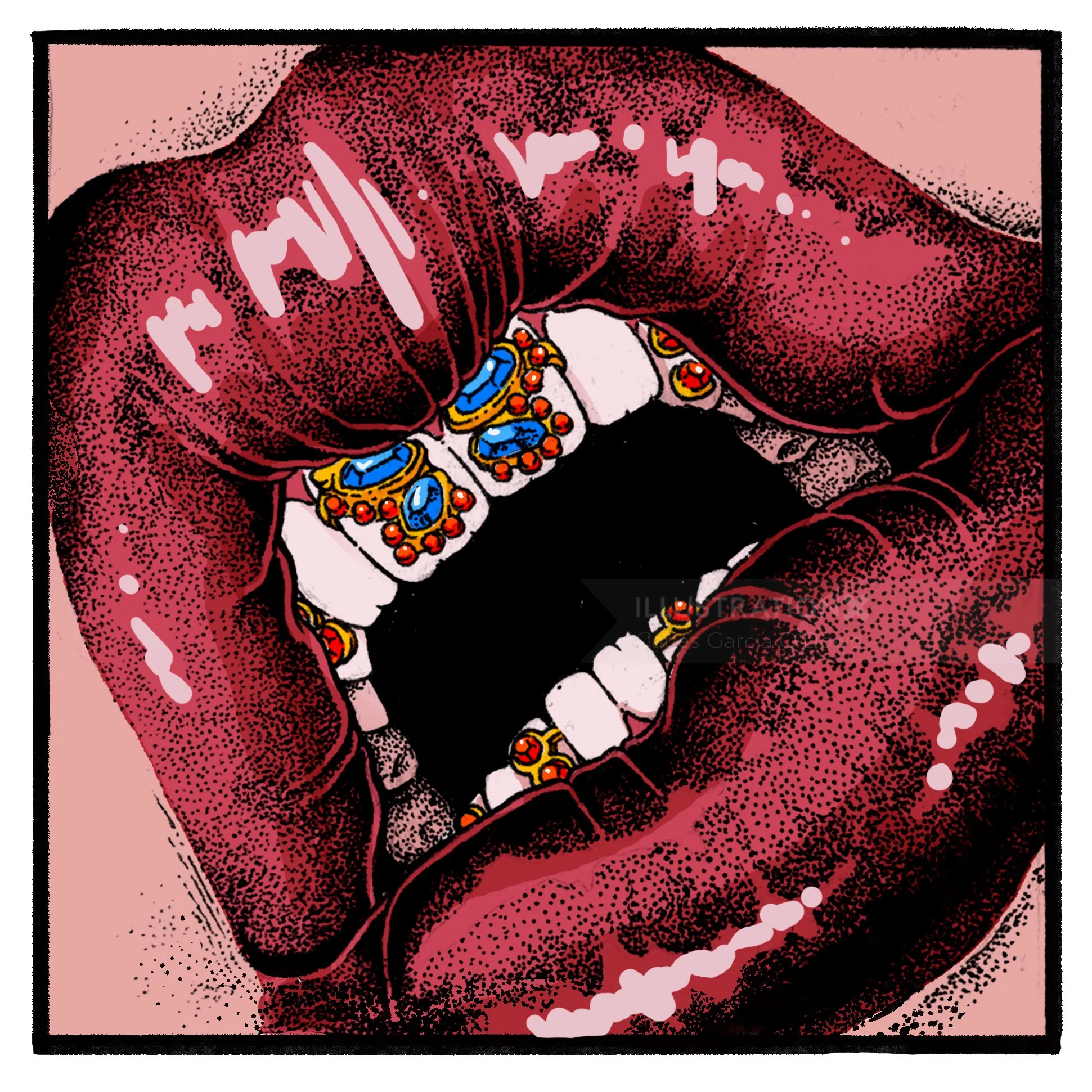 Close-up of lips with colorful beaded dental jewelry by Carles Garcia O'Dowd