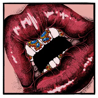 Close-up of lips with colorful beaded dental jewelry by Carles Garcia O'Dowd