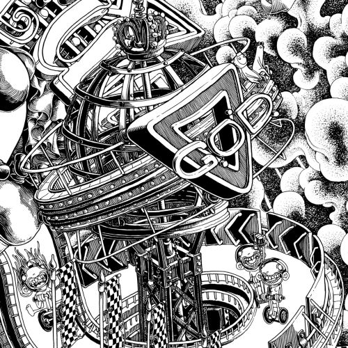 Intricate mechanical space station with pipes and clouds, black and white drawing by Carles Garcia O