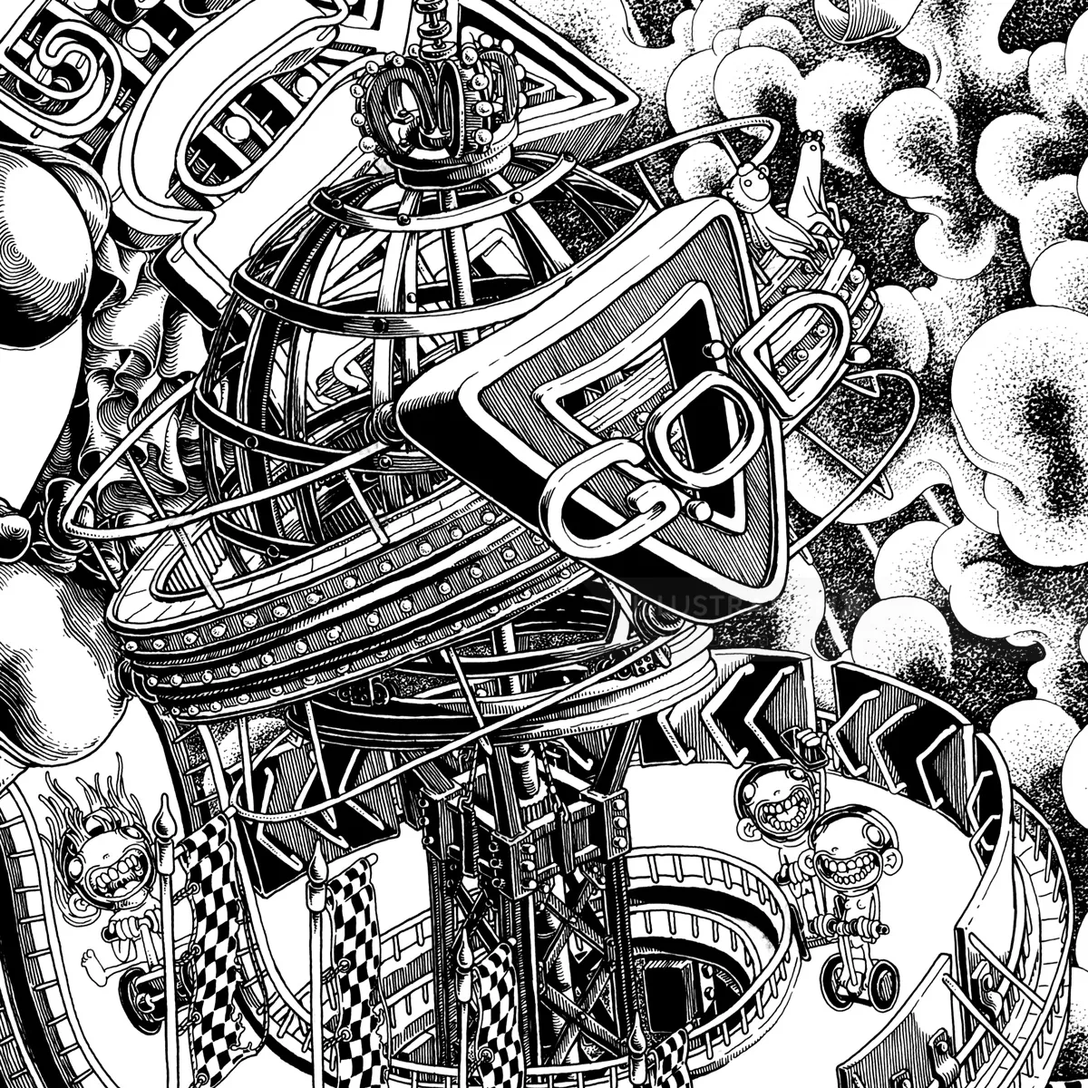 Intricate mechanical space station with pipes and clouds, black and white drawing by Carles Garcia O