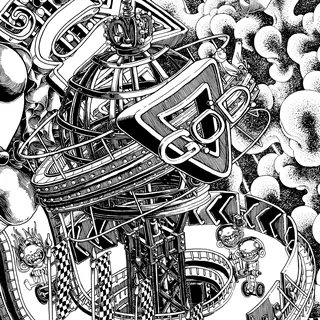 Intricate mechanical space station with pipes and clouds, black and white drawing by Carles Garcia O