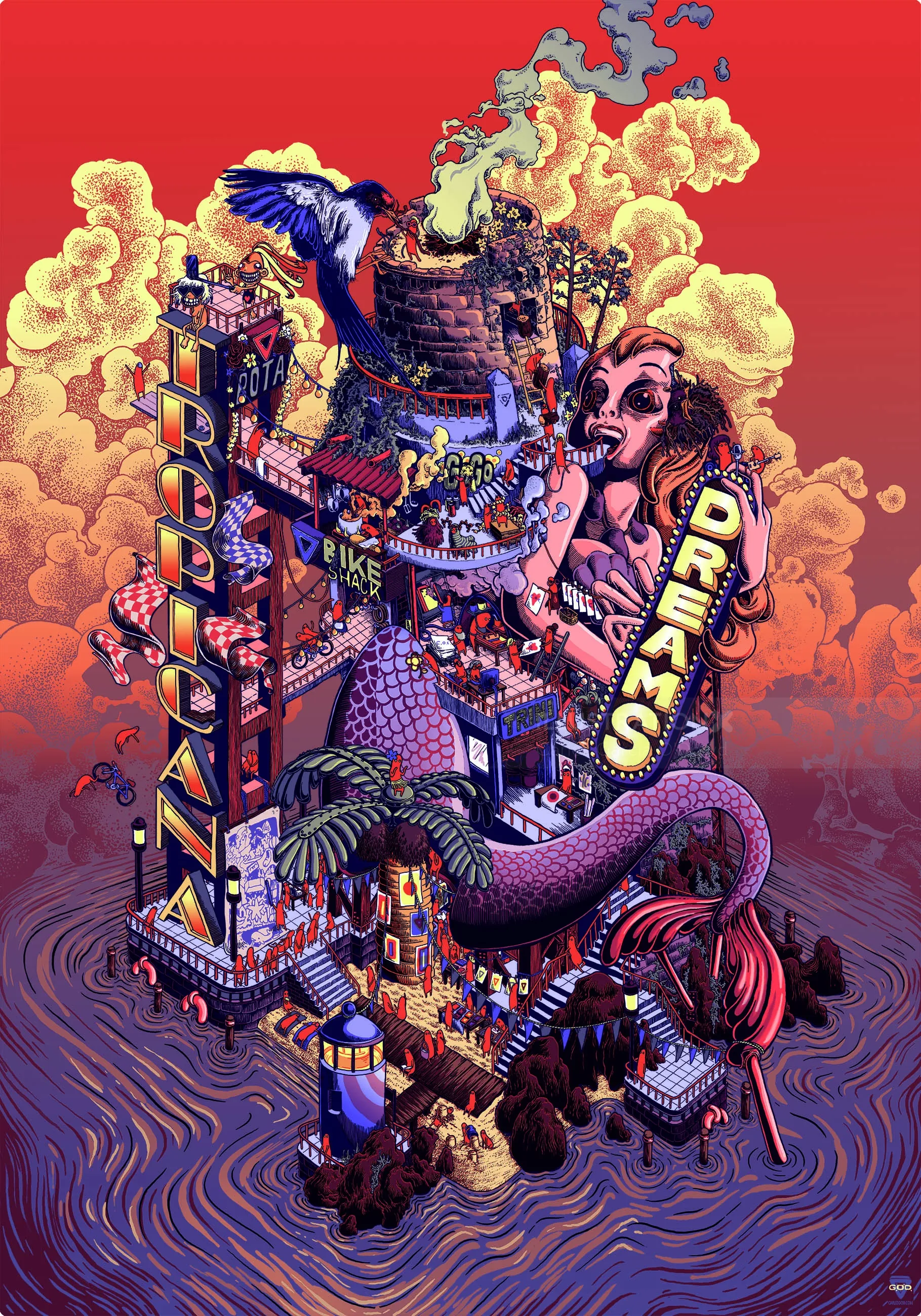 Surreal floating structure with a neon 'Dreams' sign by Carles Garcia O'Dowd