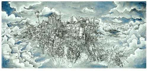 Intricate floating cityscape above clouds by Carles Garcia O'Dowd
