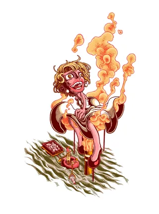 Surreal seated figure with flaming limbs by Carles Garcia O'Dowd