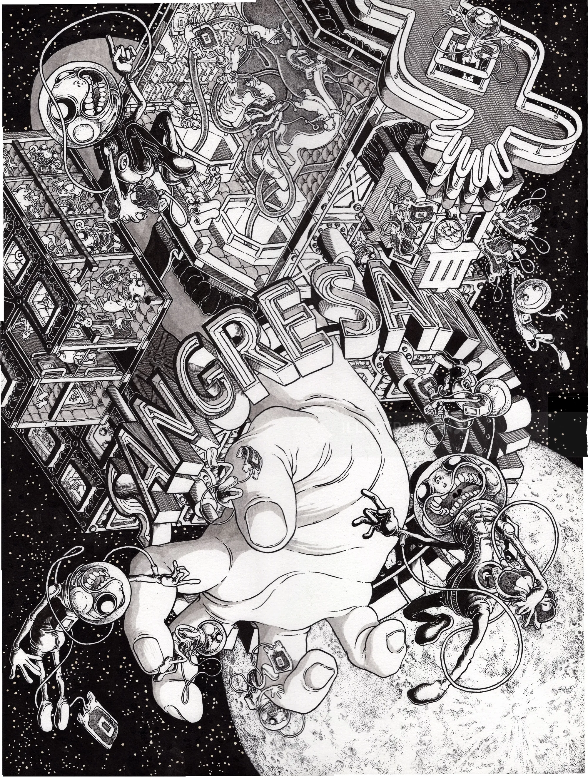 Surreal space scene with floating astronauts and detailed cosmic objects by Carles Garcia O'Dowd