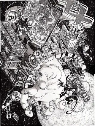 Surreal space scene with floating astronauts and detailed cosmic objects by Carles Garcia O'Dowd