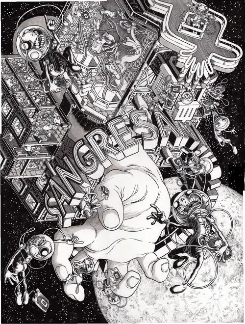 Surreal space scene with floating astronauts and detailed cosmic objects by Carles Garcia O'Dowd