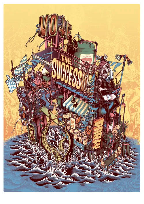 Surreal floating mechanical structure with 'Success' sign in turbulent water by Carles Garcia O'Dowd