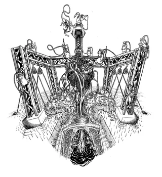 Black and white drawing of a mechanical structure by Carles Garcia O'Dowd