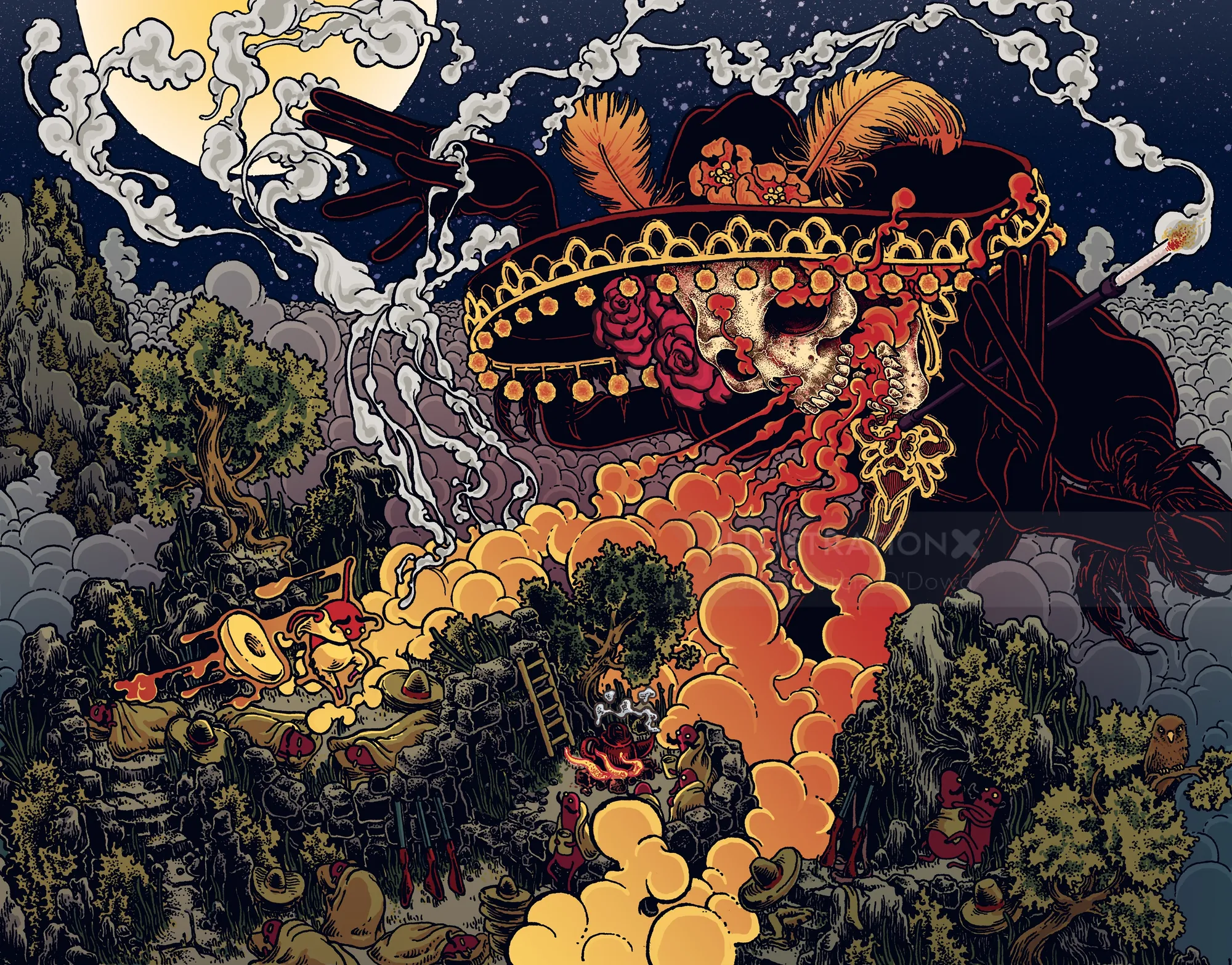 Skeleton mariachi playing guitar in mystical forest at night by Carles Garcia O'Dowd