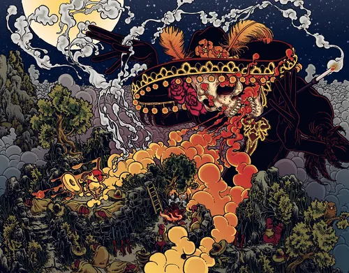 Skeleton mariachi playing guitar in mystical forest at night by Carles Garcia O'Dowd