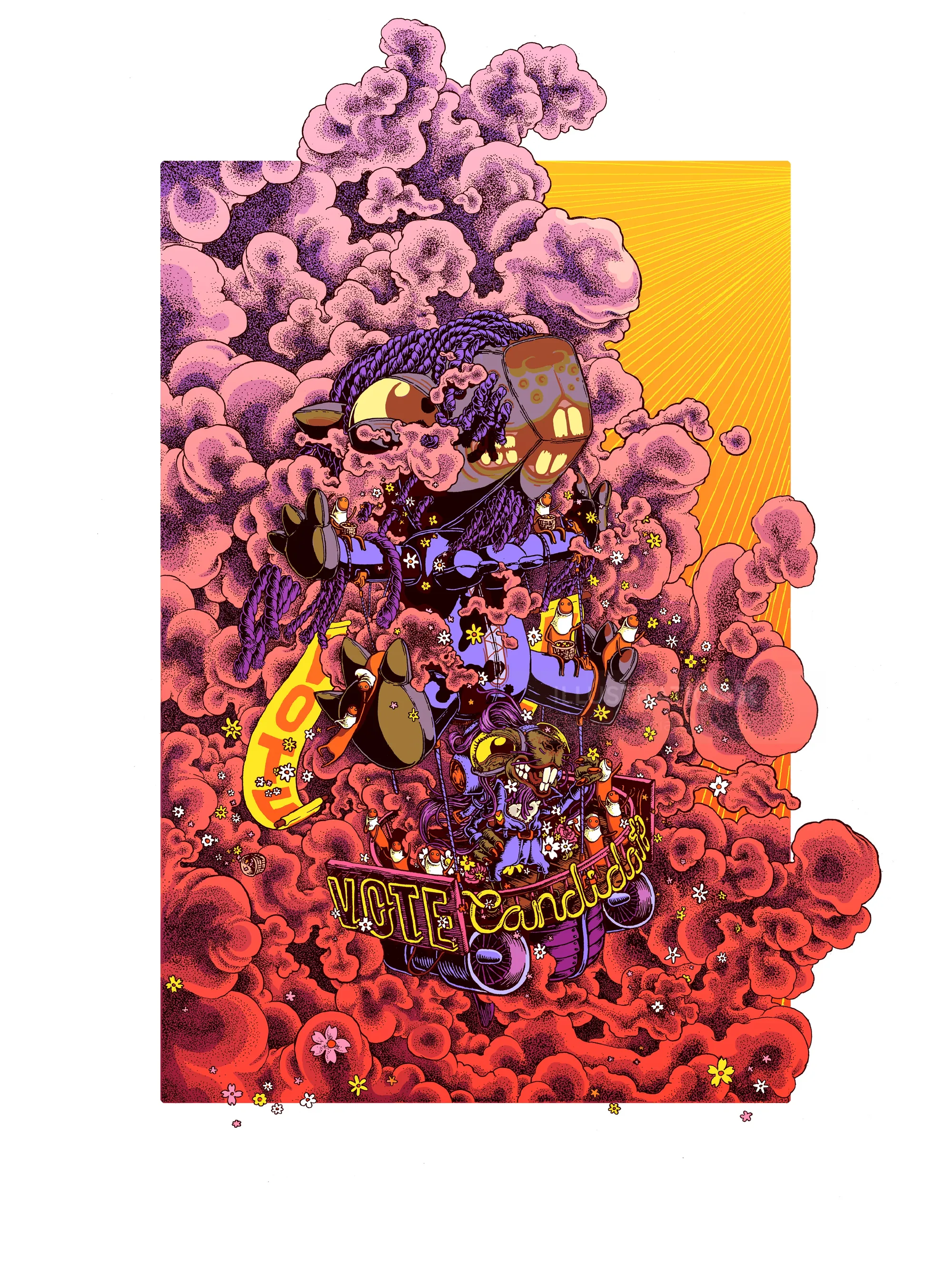 Surreale mechanische Figur mit violetten Wolken und gelbem Hintergrund von Carles Garcia O'Dowd