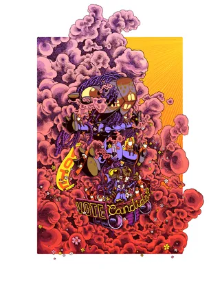 Surreal mechanical figure with purple clouds and yellow background by Carles Garcia O'Dowd