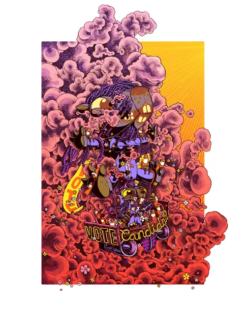 Surreal mechanical figure with purple clouds and yellow background by Carles Garcia O'Dowd