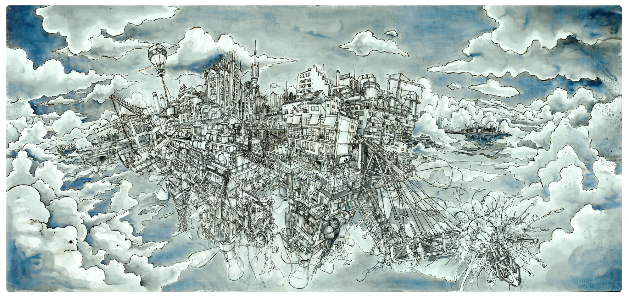 Intricate floating cityscape illustration by Carles Garcia O'Dowd in monochrome
