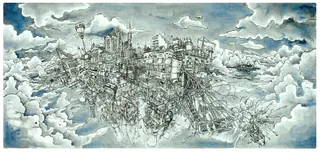 Intricate floating cityscape illustration by Carles Garcia O'Dowd in monochrome