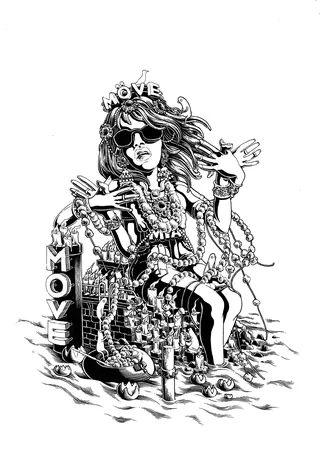 Black and white surreal woman with sunglasses surrounded by text, illustration by Carles Garcia O'Do