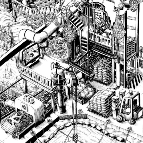 Intricate factory machinery and workers in black and white illustration by Carles Garcia O'Dowd