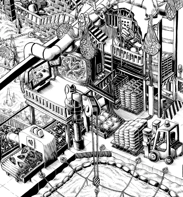 Intricate factory machinery and workers in black and white illustration by Carles Garcia O'Dowd