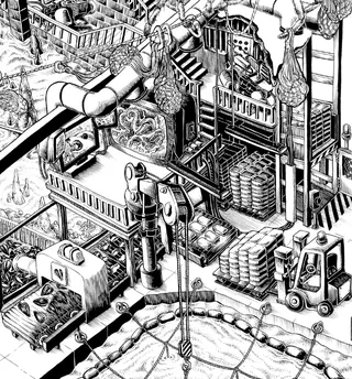 Intricate factory machinery and workers in black and white illustration by Carles Garcia O'Dowd