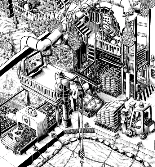Intricate factory machinery and workers in black and white illustration by Carles Garcia O'Dowd