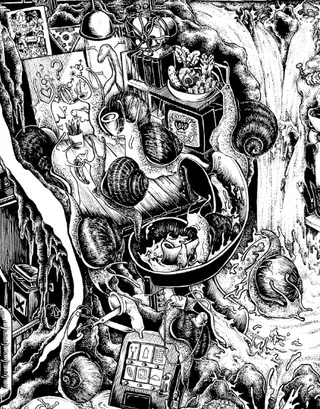 Surreal black and white drawing of tree branches with snails and various objects by Carles Garcia O'