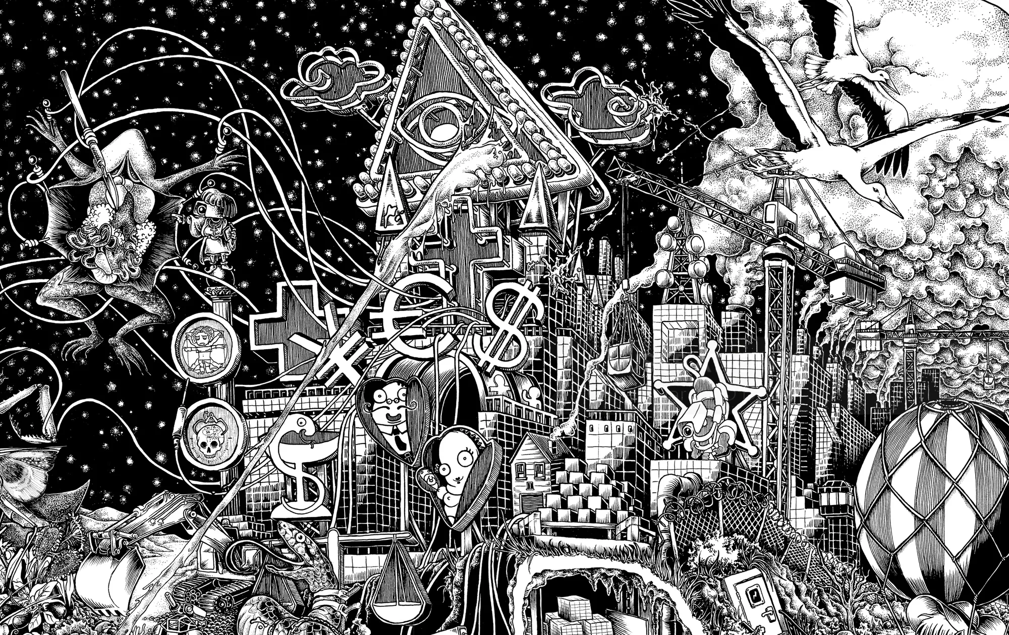 Surrealistische, schwarz-weiße Stadtlandschaft mit kosmischen und symbolischen Elementen von Carles Garcia O'Dowd