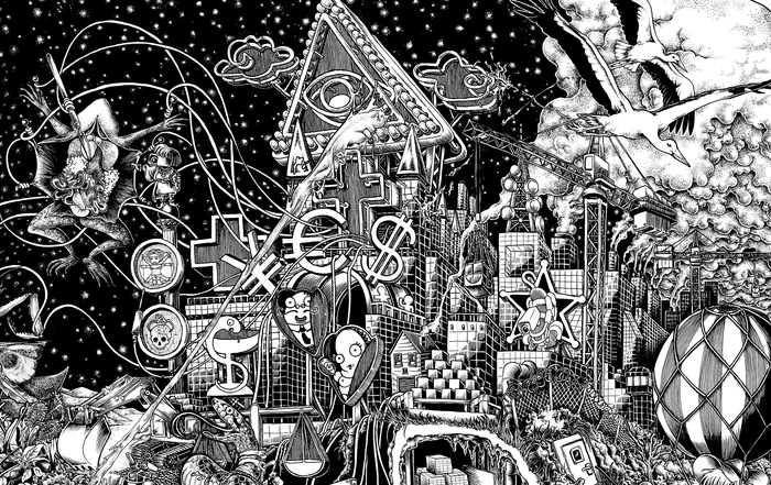 Surreal black and white cityscape with cosmic and symbolic elements by Carles Garcia O'Dowd