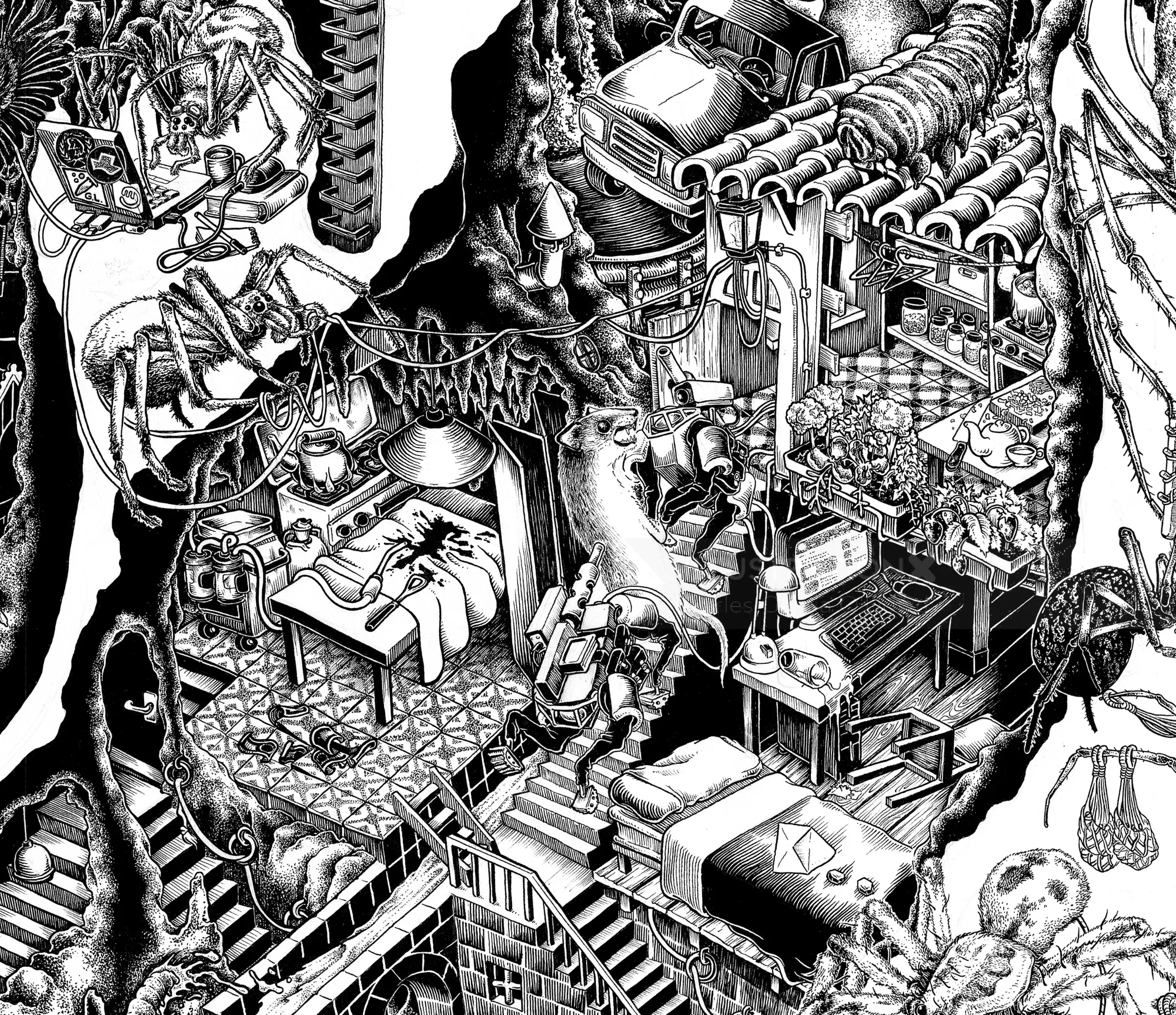 Black and white surreal fantasy scene with intricate architecture and organic shapes by Carles Garci