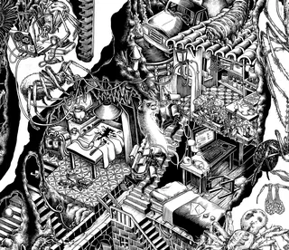 Black and white surreal fantasy scene with intricate architecture and organic shapes by Carles Garci