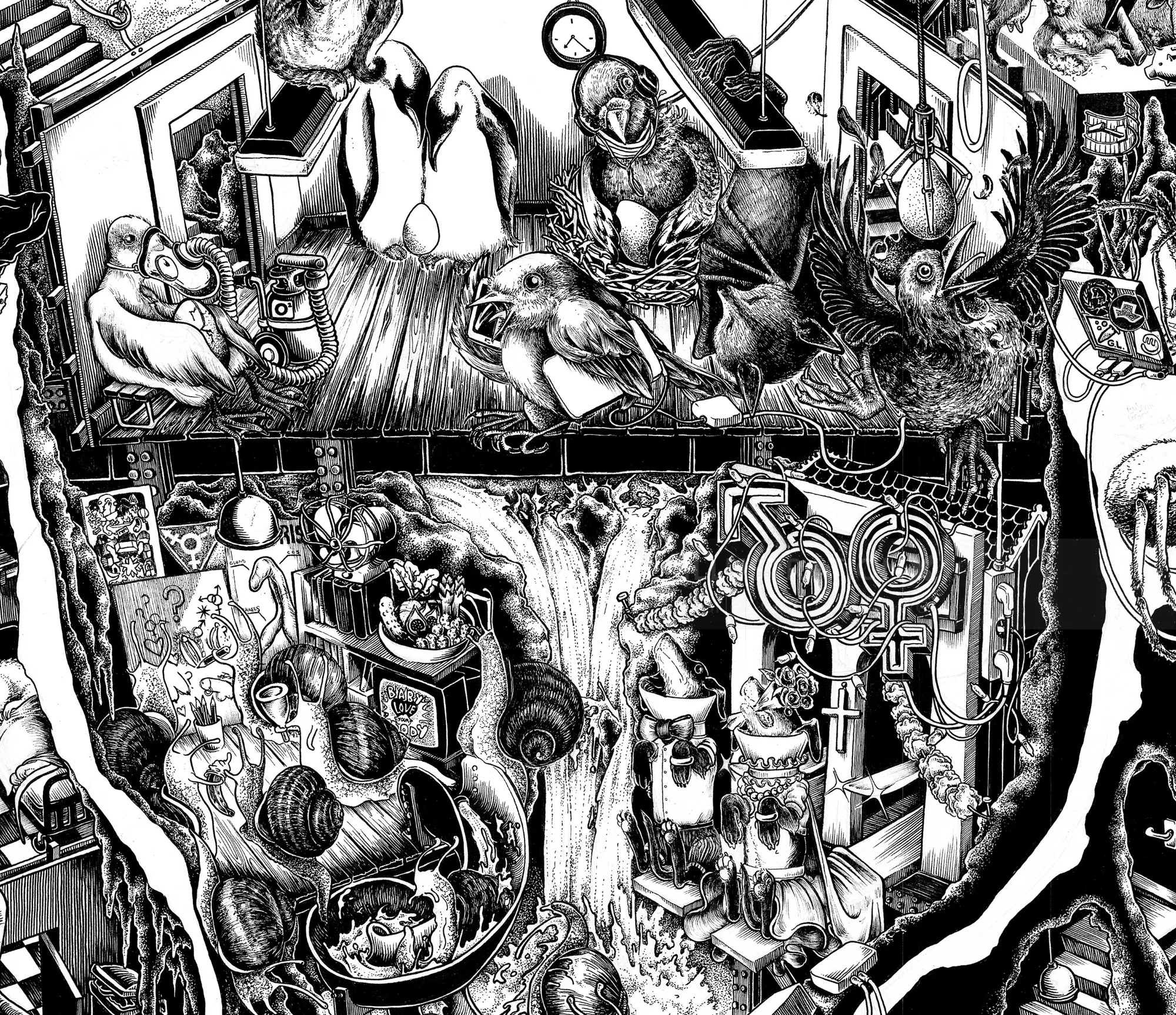 Intricate black and white surreal illustration by Carles Garcia O'Dowd