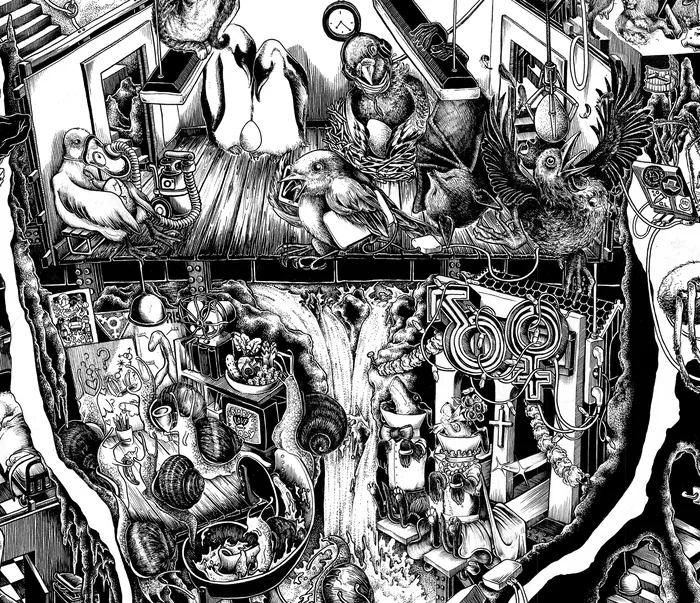 Intricate black and white surreal illustration by Carles Garcia O'Dowd