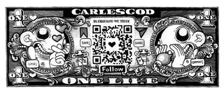 Illustrated one dollar bill with cartoon faces and QR code by Carles Garcia O'Dowd