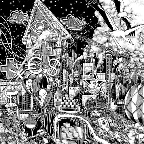 Intricate surreal cityscape with abstract shapes and figures by Carles Garcia O'Dowd