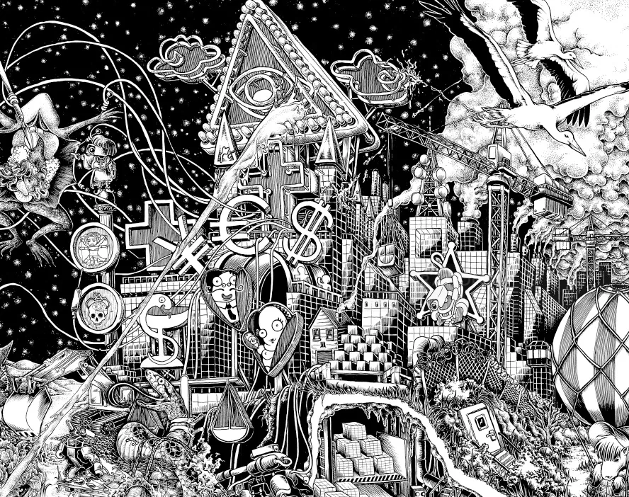 Intricate surreal cityscape with abstract shapes and figures by Carles Garcia O'Dowd