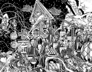 Intricate surreal cityscape with abstract shapes and figures by Carles Garcia O'Dowd
