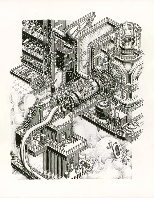 Detailed mechanical industrial structure drawing by Carles Garcia O'Dowd