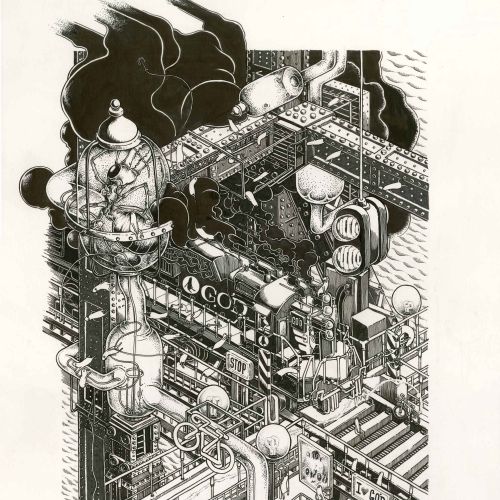 Intricate industrial machine with pipes and gauges by Carles Garcia O'Dowd