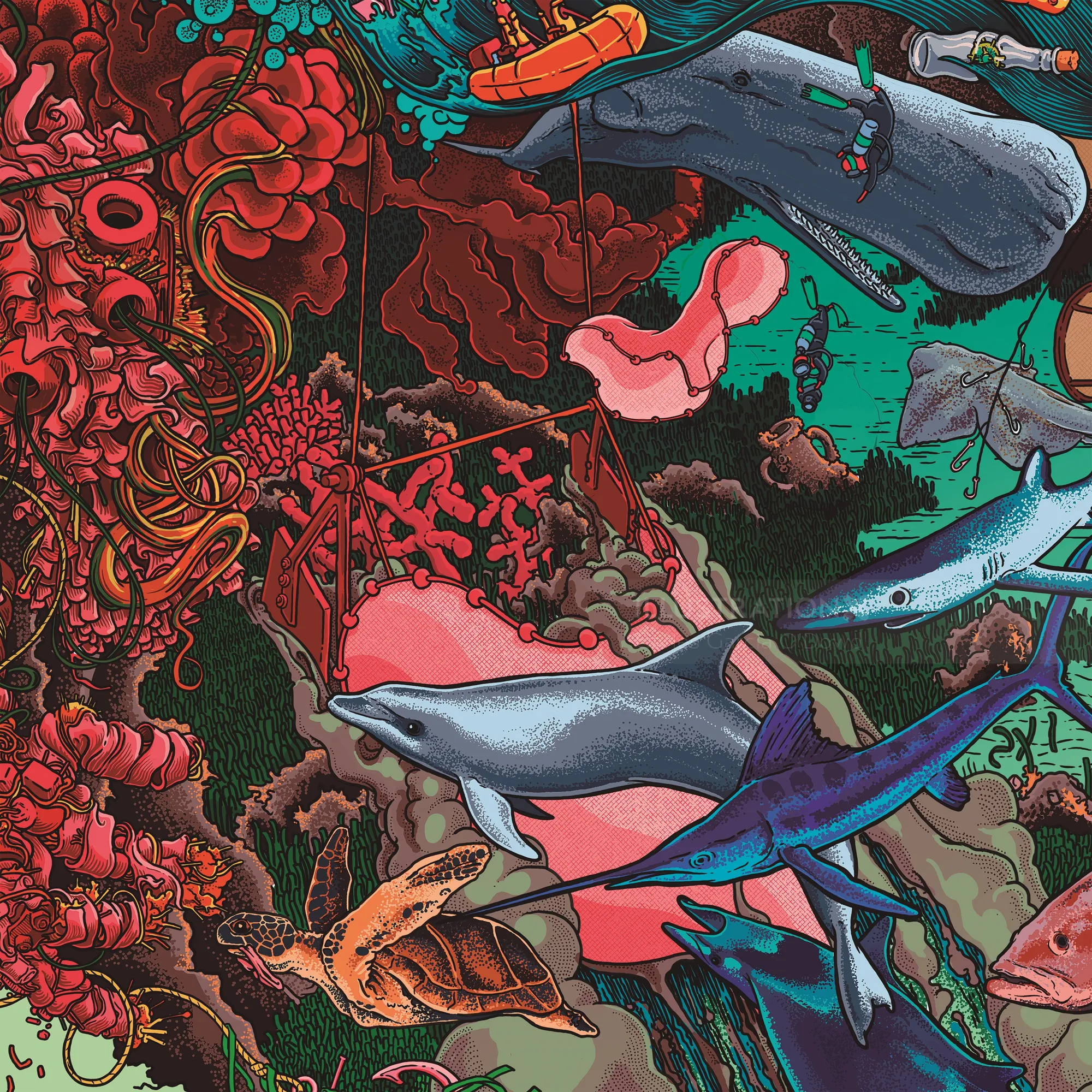 Underwater scene with fish, sharks, and coral reefs by Carles Garcia O'Dowd