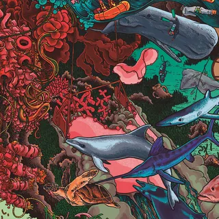 Underwater scene with fish, sharks, and coral reefs by Carles Garcia O'Dowd