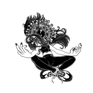 Black and white abstract figure meditating with intricate head design by Carles Garcia O'Dowd
