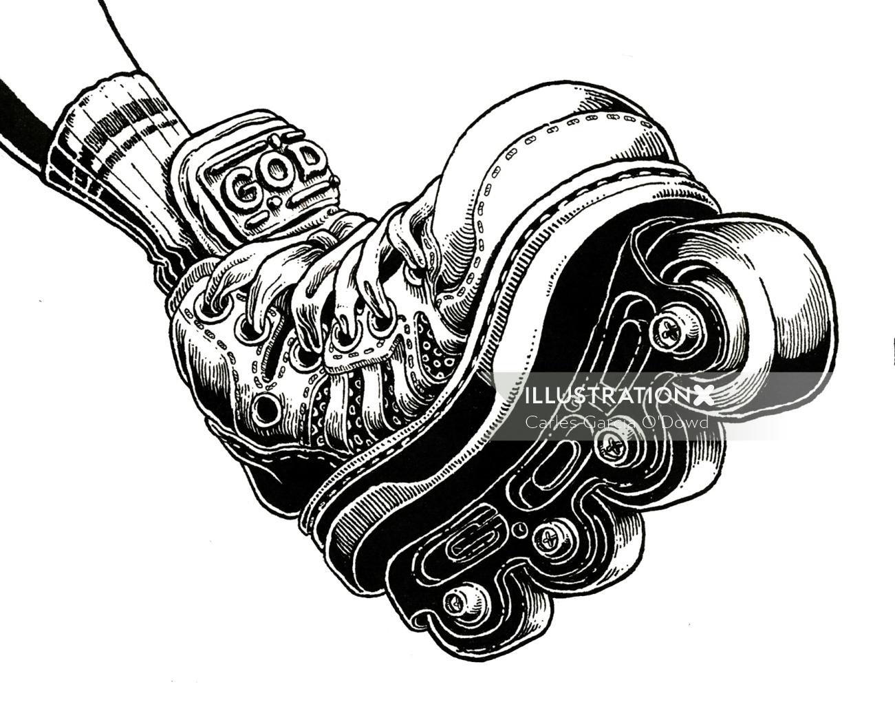 Illustration en noir et blanc de patins à roulettes