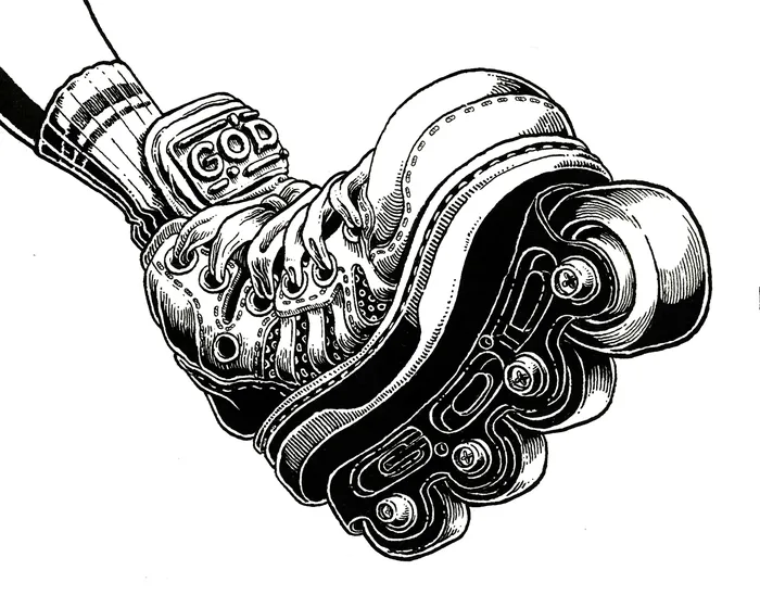 Illustration in black and white of roller skates