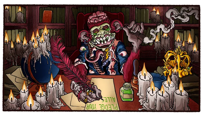 Grotesque jester writing at desk surrounded by candles and skulls by Carles Garcia O'Dowd